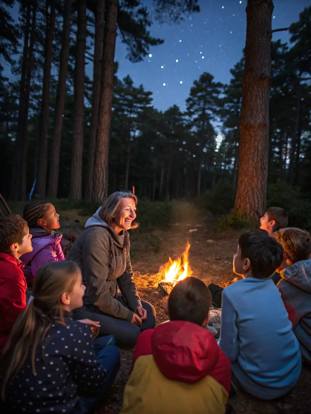 A group of CHASSE DES PETITS BOIS members gathered around a campfire after a successful hunting trip, sharing stories and laughter.