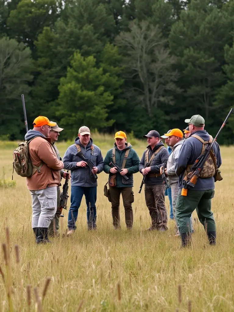A CHASSE DES PETITS BOIS instructor demonstrating safe firearm handling techniques to a group of new members at a training session.