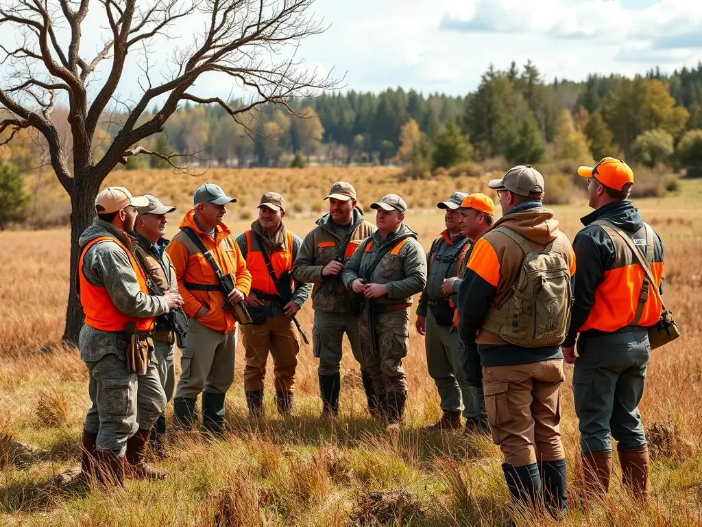 A group of CHASSE DES PETITS BOIS members participating in a hunting safety course, demonstrating the proper handling of firearms and discussing safety protocols. The atmosphere is educational and focused on responsible hunting practices.