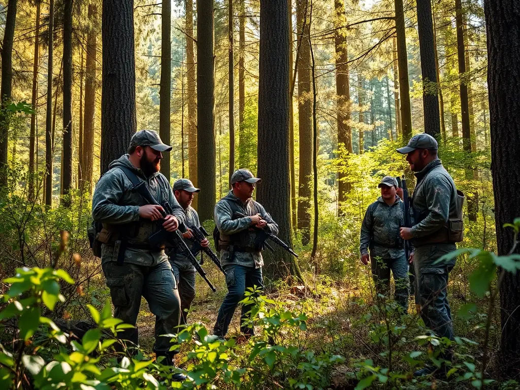 A picturesque landscape featuring a group of hunters setting up camp in a dense forest, preparing for an early morning hunt. The scene emphasizes the camaraderie and preparation involved in a typical hunting trip organized by CHASSE DES PETITS BOIS.