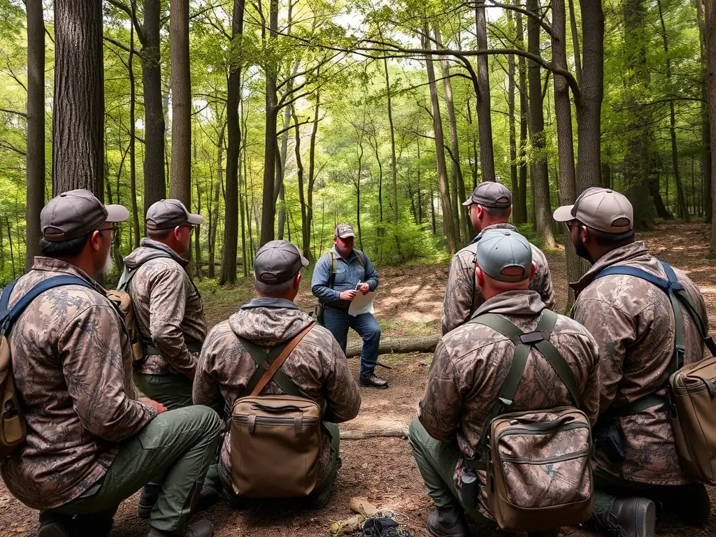 A detailed shot of a wildlife conservation workshop in progress, showing participants learning about tracking techniques and wildlife management from an expert instructor. The setting is outdoors, emphasizing hands-on learning.